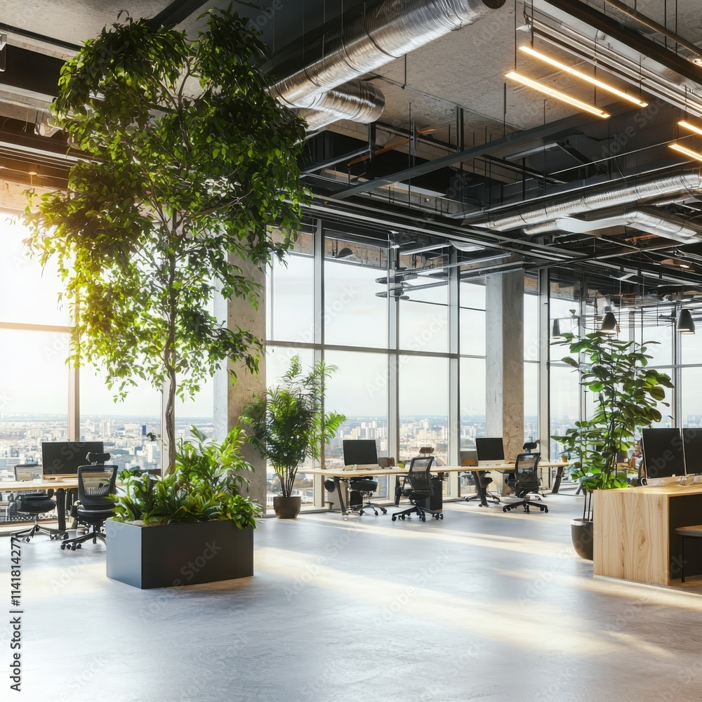 Innovative green startup workspace in urban environment modern office design sustainable concept bright and open view Innovative green startup workspace in urban environment modern office design sustainable concept bright and open view