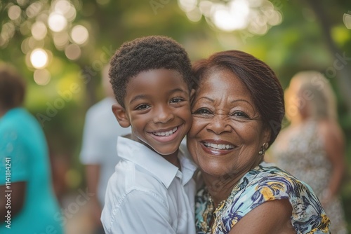 Smiling boy embraced by elder woman in park photo