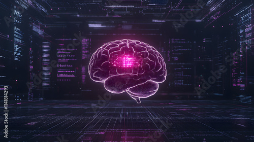 A digital brain surrounded by medical equipment and data screens, representing the intersection of healthcare and technology, ideal for concepts related to medical innovation, digital health, and neur photo