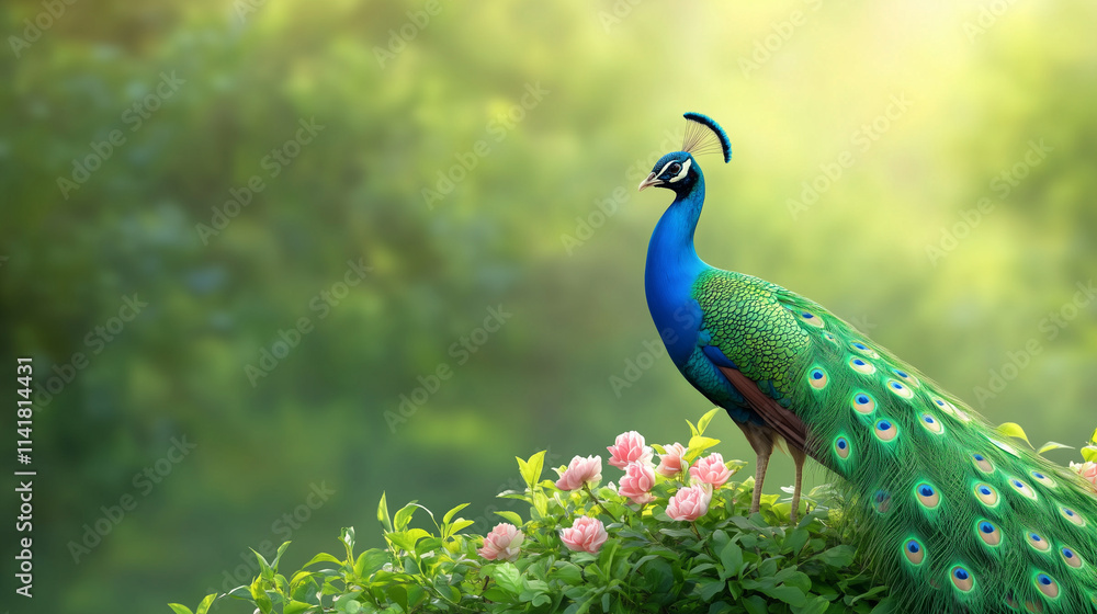 Obraz premium Majestic Chinese peacock in a beautiful flower garden