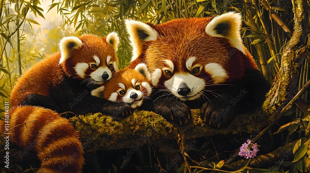 Family of Red Pandas in a Tranquil Bamboo Forest Family of Red Pandas in a Tranquil Bamboo Forest