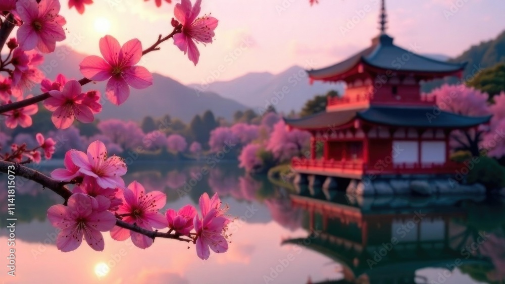 Branch of pink sakura or Japanese cherry blossom at sunrise with traditional Japanese temple and calm lake in the background on a spring day. Travel, destinations and tourism. Spring postcard, banner Branch of pink sakura or Japanese cherry blossom at sunrise with traditional Japanese temple and calm lake in the background on a spring day. Travel, destinations and tourism. Spring postcard, banner
