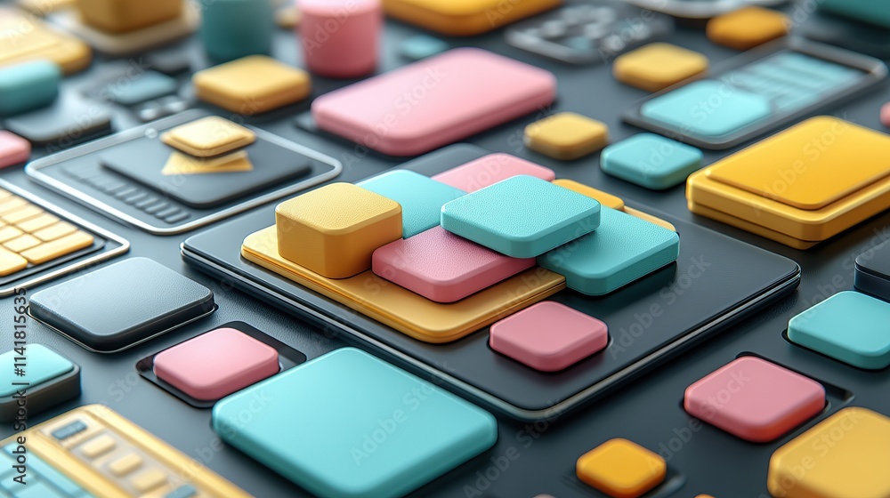 Abstract geometric shapes, colorful, 3D render, technology, digital, interface, circuit board, blocks, buttons, stacked, modern, design, pattern, tech, innovation, futuristic Abstract geometric shapes, colorful, 3D render, technology, digital, interface, circuit board, blocks, buttons, stacked, modern, design, pattern, tech, innovation, futuristic
