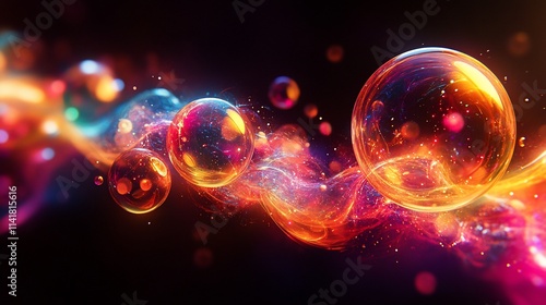 Vibrant, glowing orbs and energy stream in dark space.