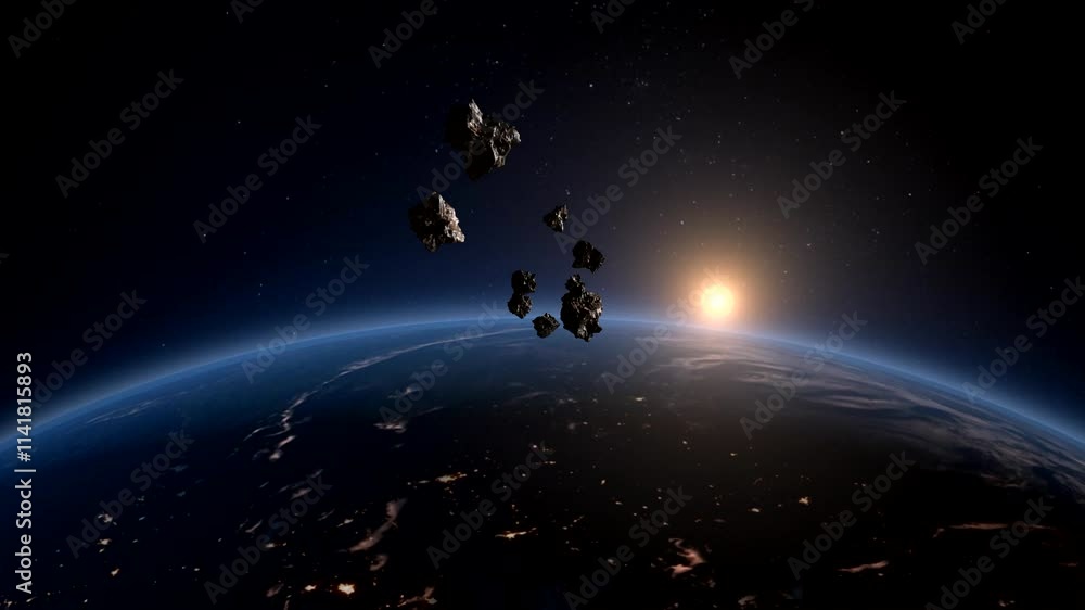 Space bodies, Meteorites or fragments approaching the Earth. Meteorites or fragments before entering the dense layers of the Earth's atmosphere Space bodies, Meteorites or fragments approaching the Earth. Meteorites or fragments before entering the dense layers of the Earth's atmosphere