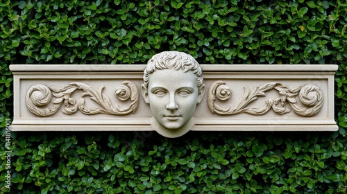 Serene Garden Sculpture:  A meticulously carved stone relief featuring a youthful face, framed by elegant scrollwork, adds a touch of classic elegance to any garden setting.  photo