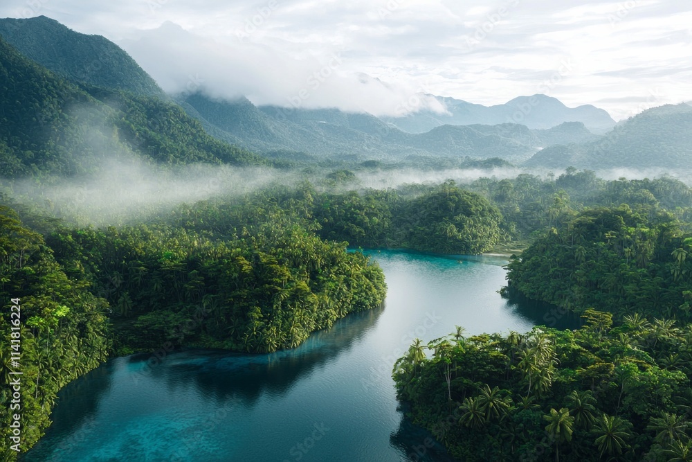Aerial view of a blue water lake in a tropical rainforest, with a clear river and mountains in the background, under the soft light of a misty morning. Aerial view of a blue water lake in a tropical rainforest, with a clear river and mountains in the background, under the soft light of a misty morning.