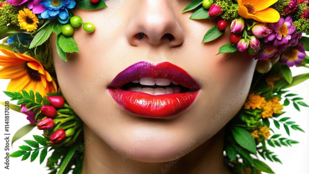 Vivid makeup artistry showcased through woman's lips, complemented by imaginative landscape photography in a striking clipart design, set against a clean white background. Vivid makeup artistry showcased through woman's lips, complemented by imaginative landscape photography in a striking clipart design, set against a clean white background.
