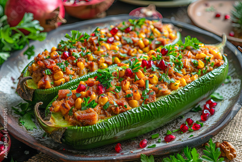 Delicious stuffed poblano peppers resembling chiles en nogada being served on plate photo