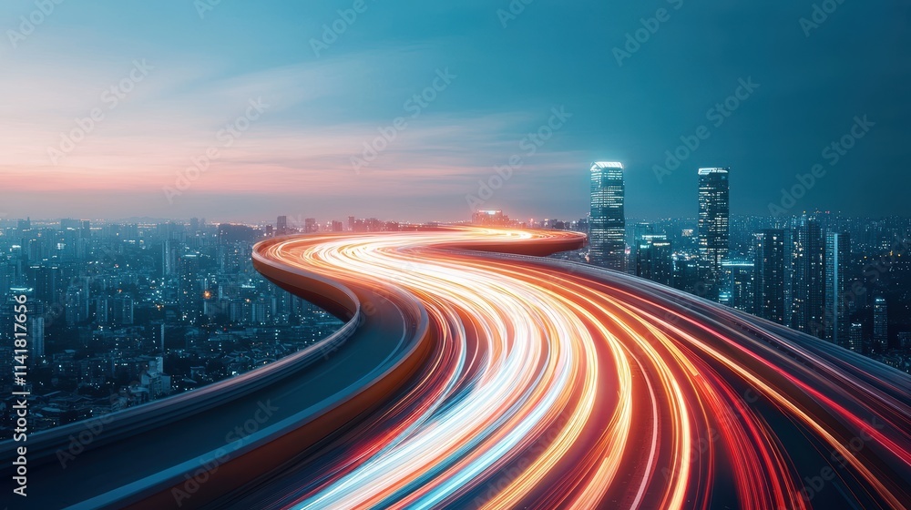 Fototapeta premium A long exposure night shot of cars speeding across a multi lane highway, their headlights and taillights creating streaks of light against the dark cityscape.