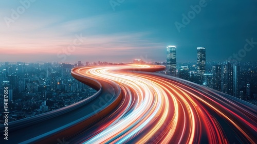 A long exposure night shot of cars speeding across a multi lane highway, their headlights and taillights creating streaks of light against the dark cityscape. photo