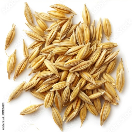 pearl barley , a pile of unhulled grains, which appear to be rice grains still in their husks. They are elongated and have a light golden-brown color, typical of rice before it is processed to remove  photo