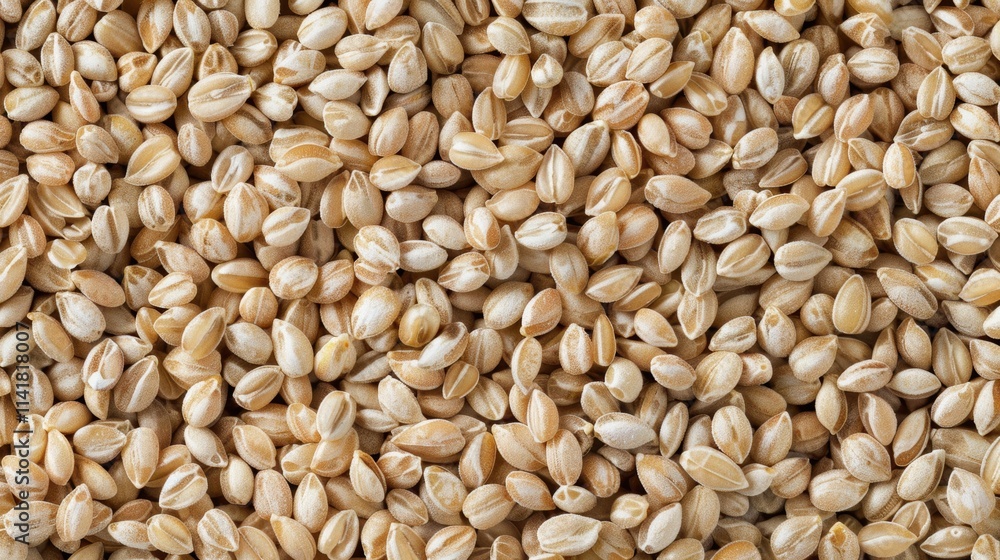 pearl barley , a close-up view of a large quantity of small, oval-shaped grains. These grains are light brown to beige in color and have a smooth surface. They are densely packed together