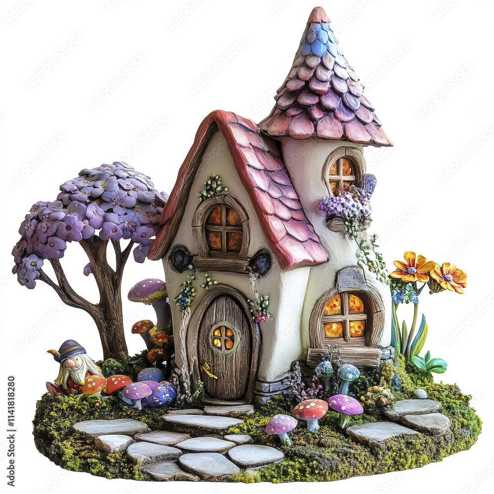 Fototapeta premium whimsical gnome house surrounded by colorful flowers and mushrooms