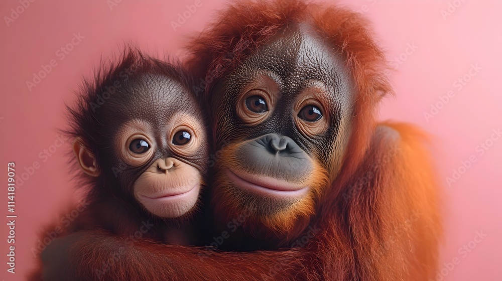 A mother and baby orangutan are hugging each other A mother and baby orangutan are hugging each other