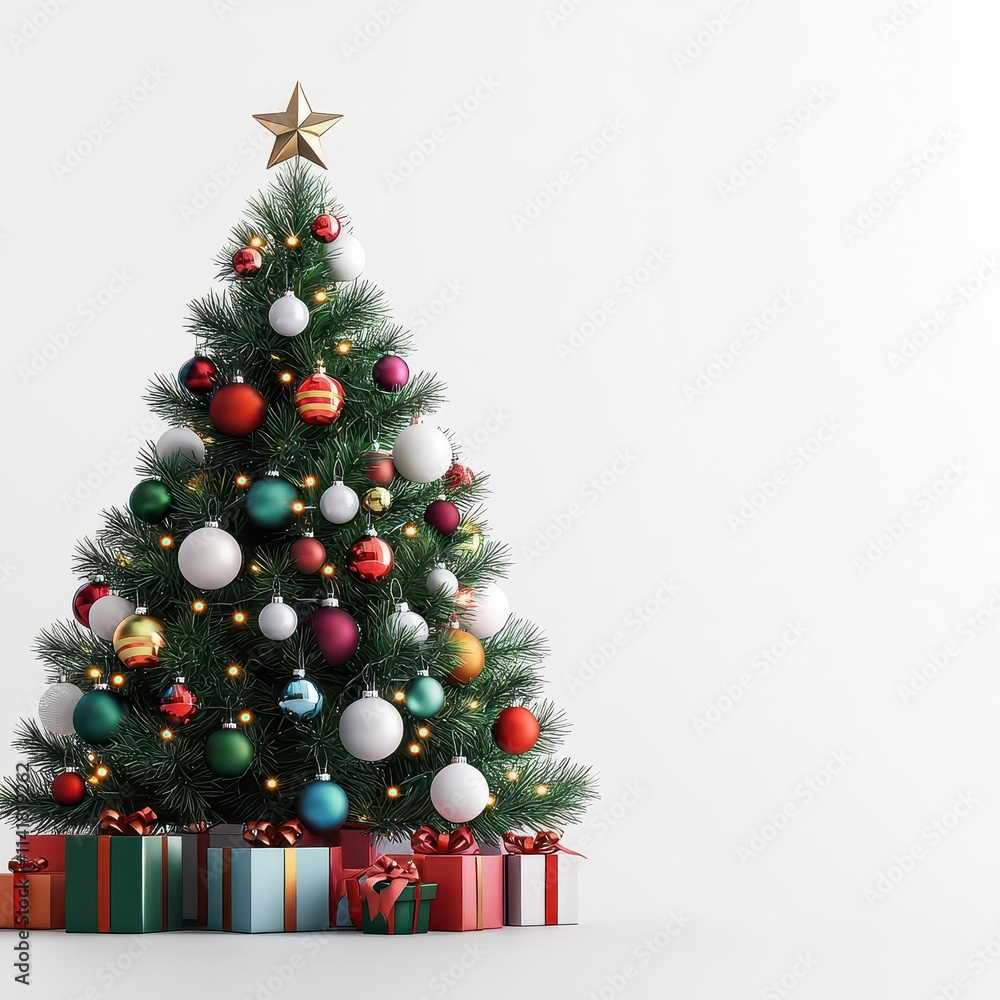 Decorated Christmas tree with gifts and ornaments on white background. Decorated Christmas tree with gifts and ornaments on white background.