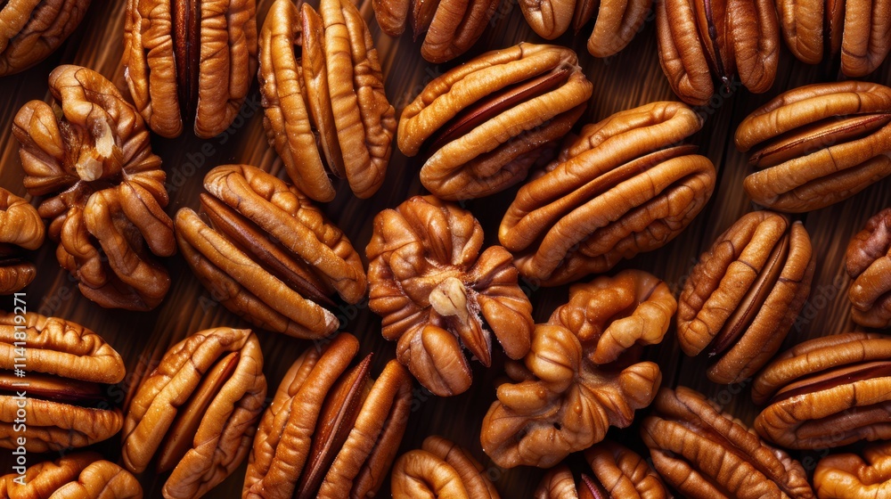 pecan, a close-up view of several pecan nuts. The pecans are shelled, displaying their characteristic grooved and ridged texture. They are a rich brown color and are arranged closely together pecan, a close-up view of several pecan nuts. The pecans are shelled, displaying their characteristic grooved and ridged texture. They are a rich brown color and are arranged closely together