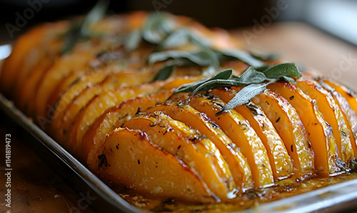 Hassleback butternut squash with chilli peppers and bay leaves photo