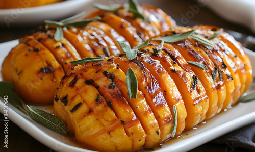 Hassleback butternut squash with chilli peppers and bay leaves photo