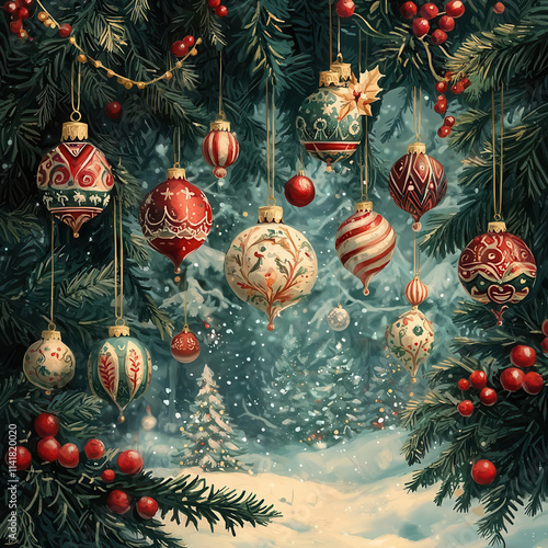 Vintage Christmas ornaments hanging on a snowy evergreen tree.