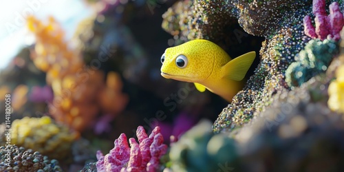 Colorful Coral Reef with Playful Yellow Fish Surrounded by Vibrant Marine Life in Underwater Landscape photo