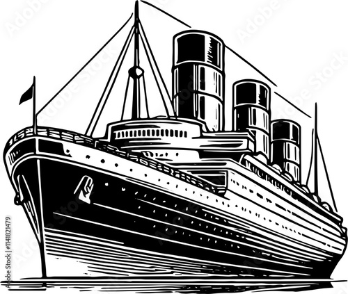 Vintage ocean liner illustration, cruise ship artwork, nautical travel concept, maritime history graphic, retro steamship drawing, black and white ship art, transportation design, voyage-themed decor
