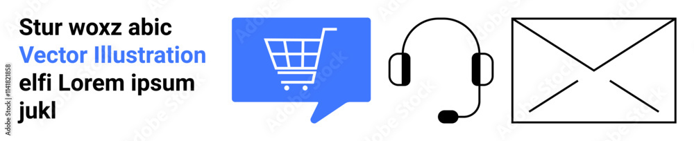 Shopping cart in a blue speech bubble, customer service headset with microphone, mail envelope outline. Ideal for e-commerce, customer service, online shopping, email marketing, support Shopping cart in a blue speech bubble, customer service headset with microphone, mail envelope outline. Ideal for e-commerce, customer service, online shopping, email marketing, support