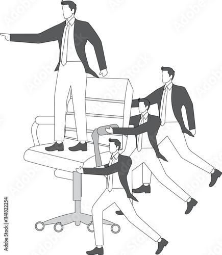 Leader manager standing on red office chair and giving command, group team work together to raise office chair, hierarchy leader and team group members, corporate culture and business concept illustra