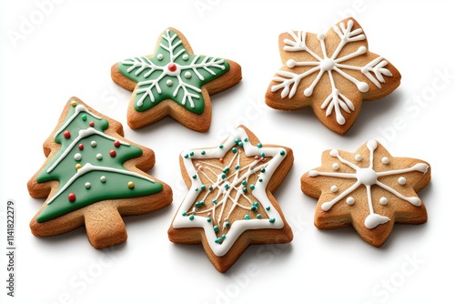 Assortment of festive gingerbread cookies decorated with icing. photo