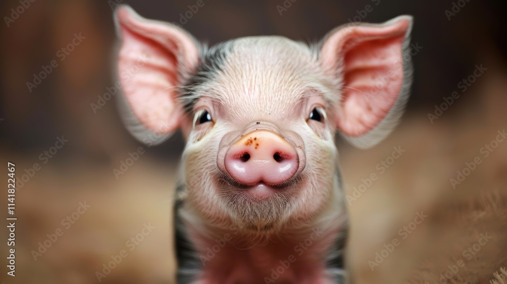 pork, a close-up of a young piglet facing the camera. The piglet has a pink snout and large, floppy ears that are slightly translucent with a pink hue. Its eyes are small and dark, and it has a gentle pork, a close-up of a young piglet facing the camera. The piglet has a pink snout and large, floppy ears that are slightly translucent with a pink hue. Its eyes are small and dark, and it has a gentle