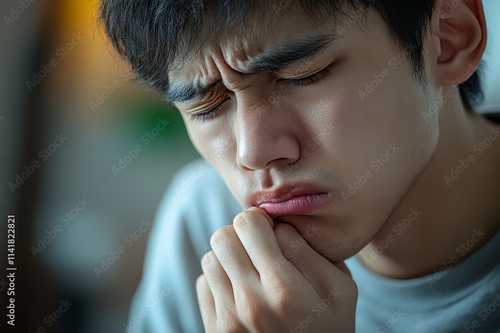 Close-up young men seriously coughing and has chest pain from lung cancer, Generative AI Close-up young men seriously coughing and has chest pain from lung cancer, Generative AI