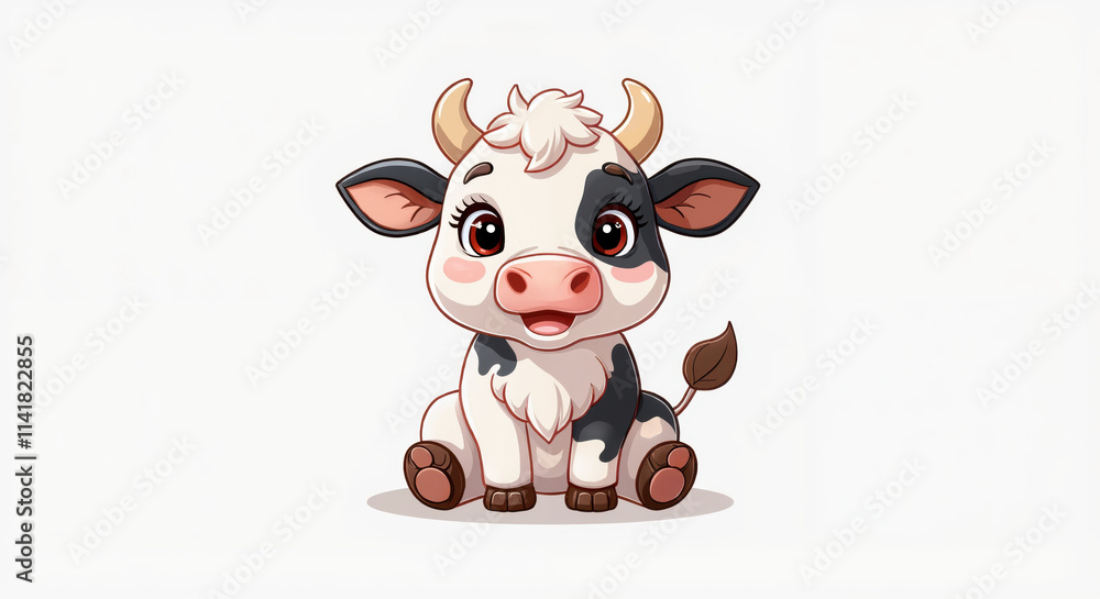 Fototapeta premium Cute Cartoon Baby Cow Illustration with Adorable Expression, Perfect for Children's Books and Nursery Decor