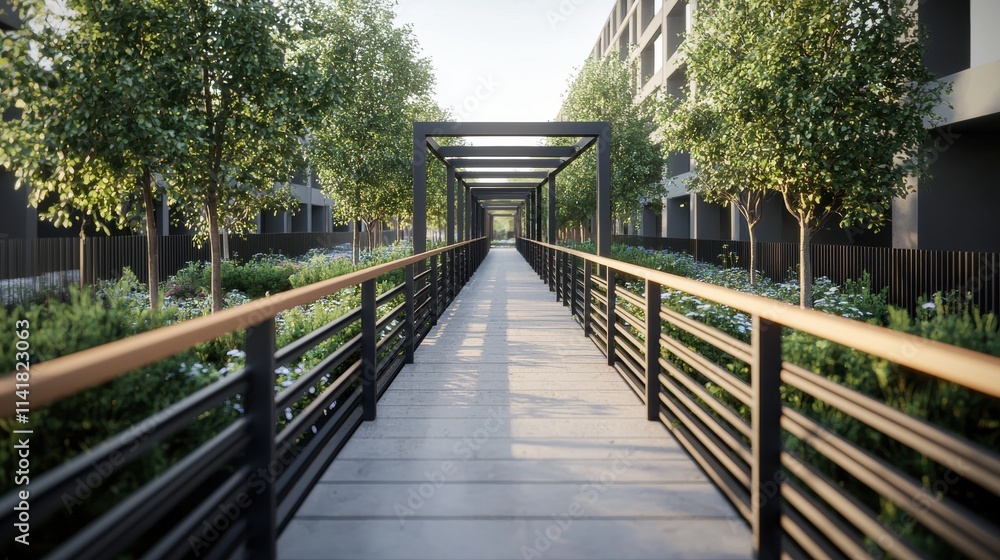 Modern walkway path urban residential area architectural design nature integration ground level tranquility Modern walkway path urban residential area architectural design nature integration ground level tranquility