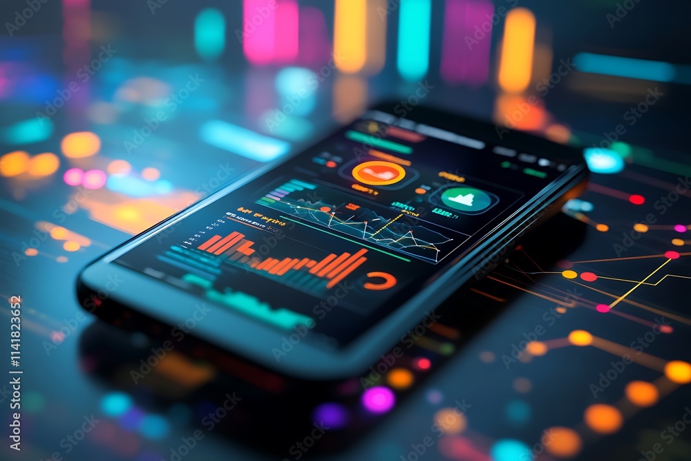 Online marketing report and graphs on a smartphone screen Online marketing report and graphs on a smartphone screen