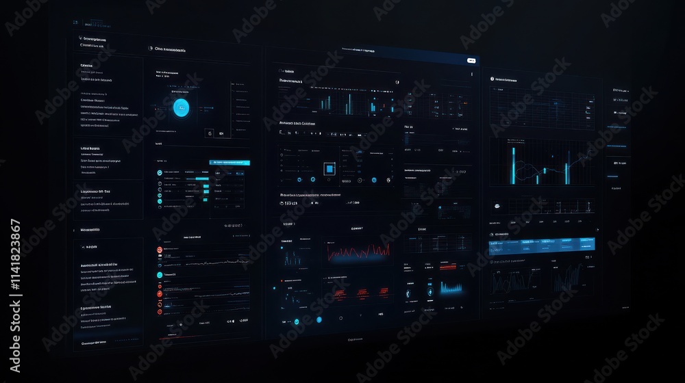 Futuristic digital dashboard with multiple data visualizations, graphs, charts, and indicators displayed on a large screen. Futuristic digital dashboard with multiple data visualizations, graphs, charts, and indicators displayed on a large screen.