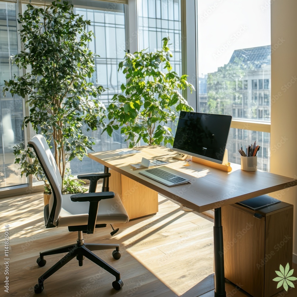 Minimalist sustainable workspace setup with eco-friendly elements in a modern office environment Minimalist sustainable workspace setup with eco-friendly elements in a modern office environment