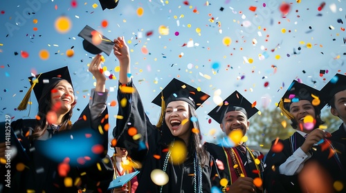 A group of diverse graduates in caps and gowns celebrating outdoors with confetti under a bright blue sky