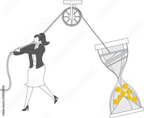 Businesswoman shaking an hourglass full of gold coins up and down, business forecast, profit and loss, decrease and increase