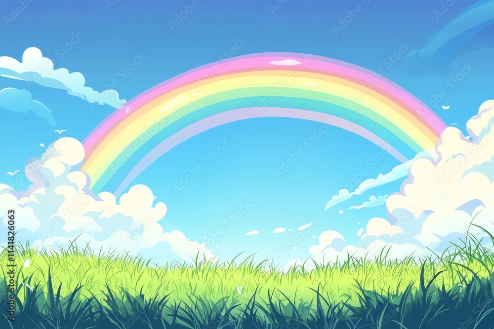 Beautiful rainbow over a green grass field with a blue sky background. Beautiful rainbow over a green grass field with a blue sky background.