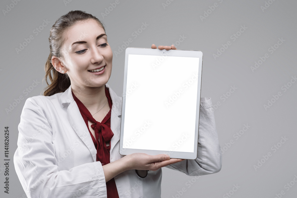 Smiling doctor showing digital tablet with blank screen Smiling doctor showing digital tablet with blank screen