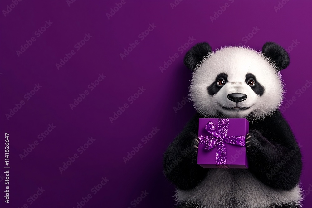 Cute Panda Plush Toy Gesturing and Offering Holiday Seasonal Merchandise Sale Promotion on Purple Cute Panda Plush Toy Gesturing and Offering Holiday Seasonal Merchandise Sale Promotion on Purple