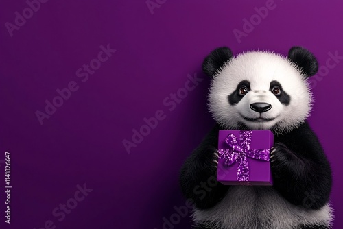 Cute Panda Plush Toy Gesturing and Offering Holiday Seasonal Merchandise Sale Promotion on Purple photo