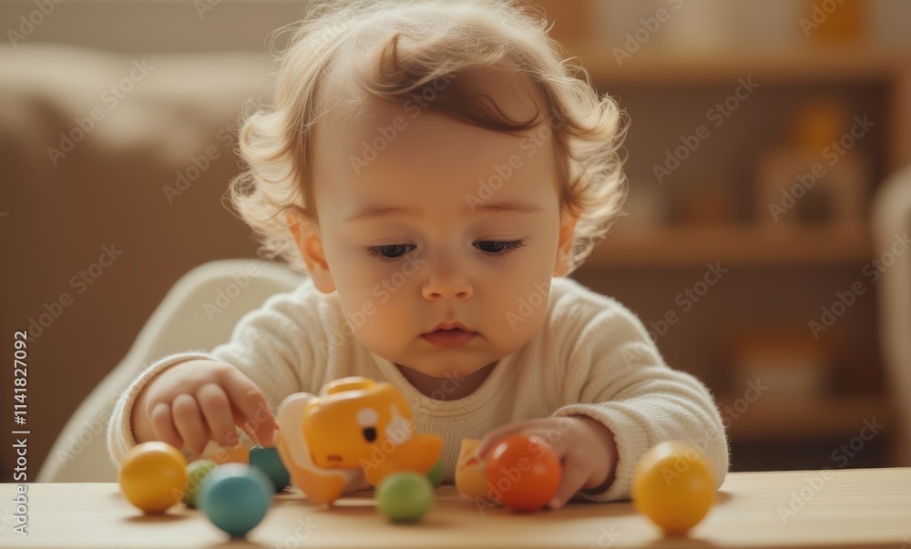 Curly-haired Caucasian baby playing with toys Curly-haired Caucasian baby playing with toys