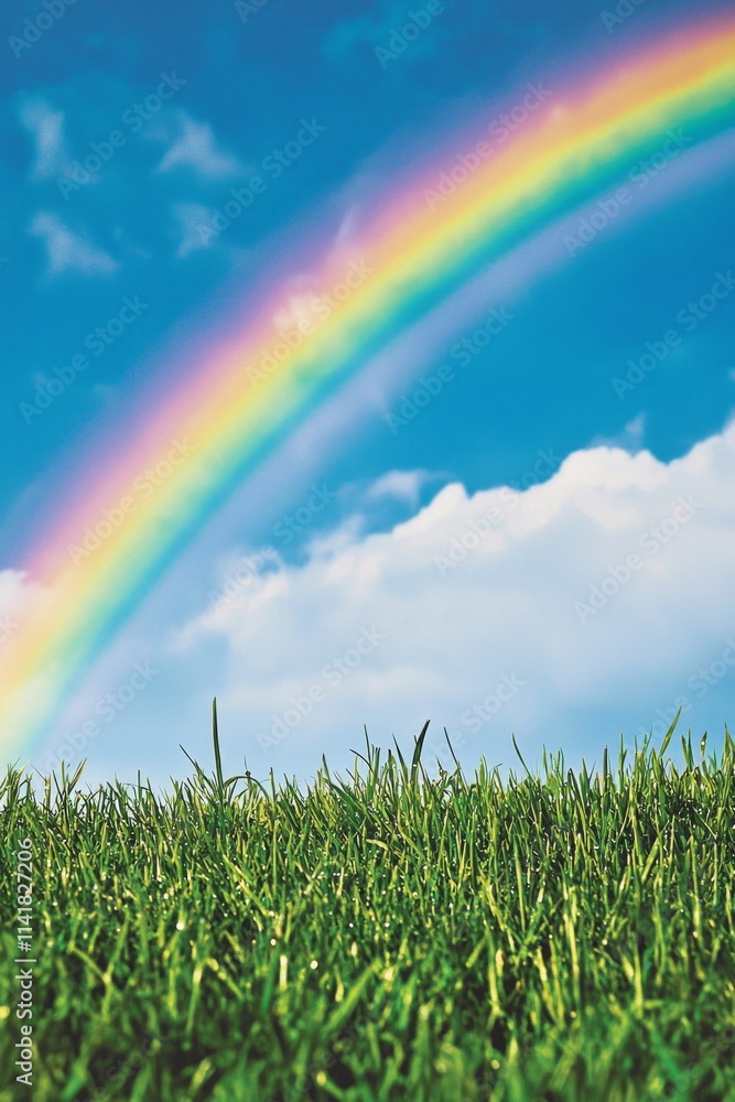 Beautiful rainbow over a green grass field with a blue sky background. Beautiful rainbow over a green grass field with a blue sky background.