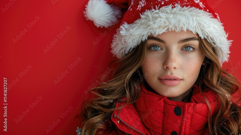 A young woman in a festive red outfit and Santa hat against a bright red background. A young woman in a festive red outfit and Santa hat against a bright red background.
