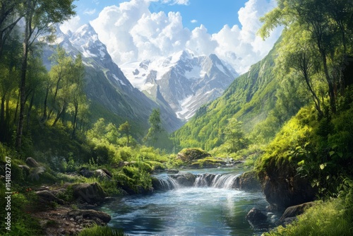 Majestic mountain landscape with a serene river and lush greenery under a bright sky
