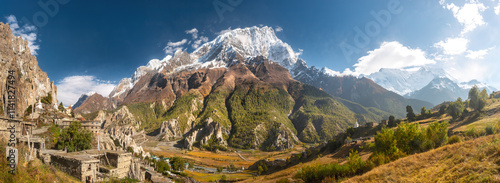 Scenic panoramic view of snow mountains and forests of famous Annapurna range...