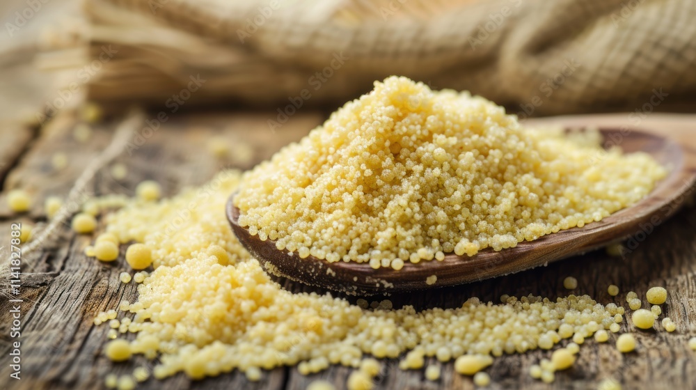 semolina, a pile of couscous on a wooden surface. Some of the couscous is heaped on a wooden spoon, while the rest is scattered around it. In the background, there is a burlap sack semolina, a pile of couscous on a wooden surface. Some of the couscous is heaped on a wooden spoon, while the rest is scattered around it. In the background, there is a burlap sack