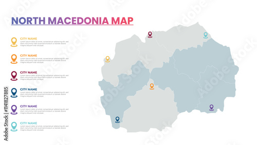 North Macedonia Modern Map Infographic Template, Detailed infographic map of North Macedonia Popular City