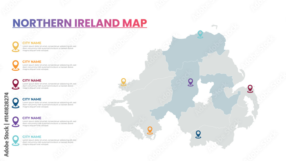 Obraz premium Northern Ireland Modern Map Infographic Template, Detailed infographic map of Northern Ireland Popular City